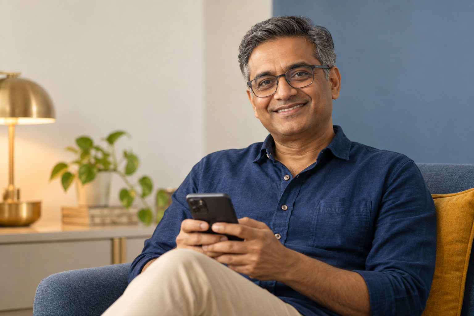 Participant smiling while using his phone